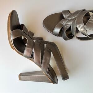 Diane von Furstenberg Metallic Leather Strappy Block Heel Sandals 8M Bold Party